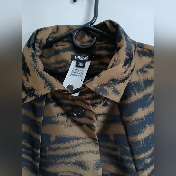 DKNY Black & Brown Animal Print Mid Length Lightweight Coat SzS Pockets - Picture 5 of 16